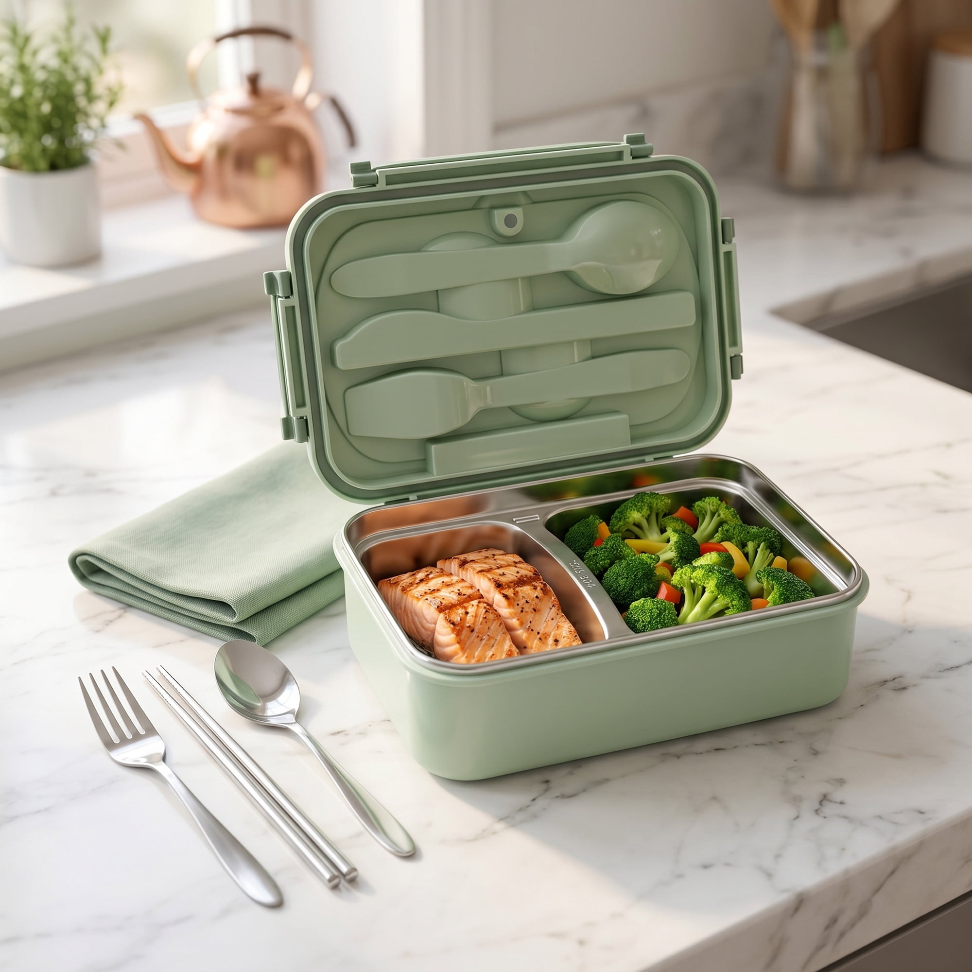 Unique Bargains 3-Compartment Leak-Proof  Lunch Bento Box with Utensils Mint Green-2