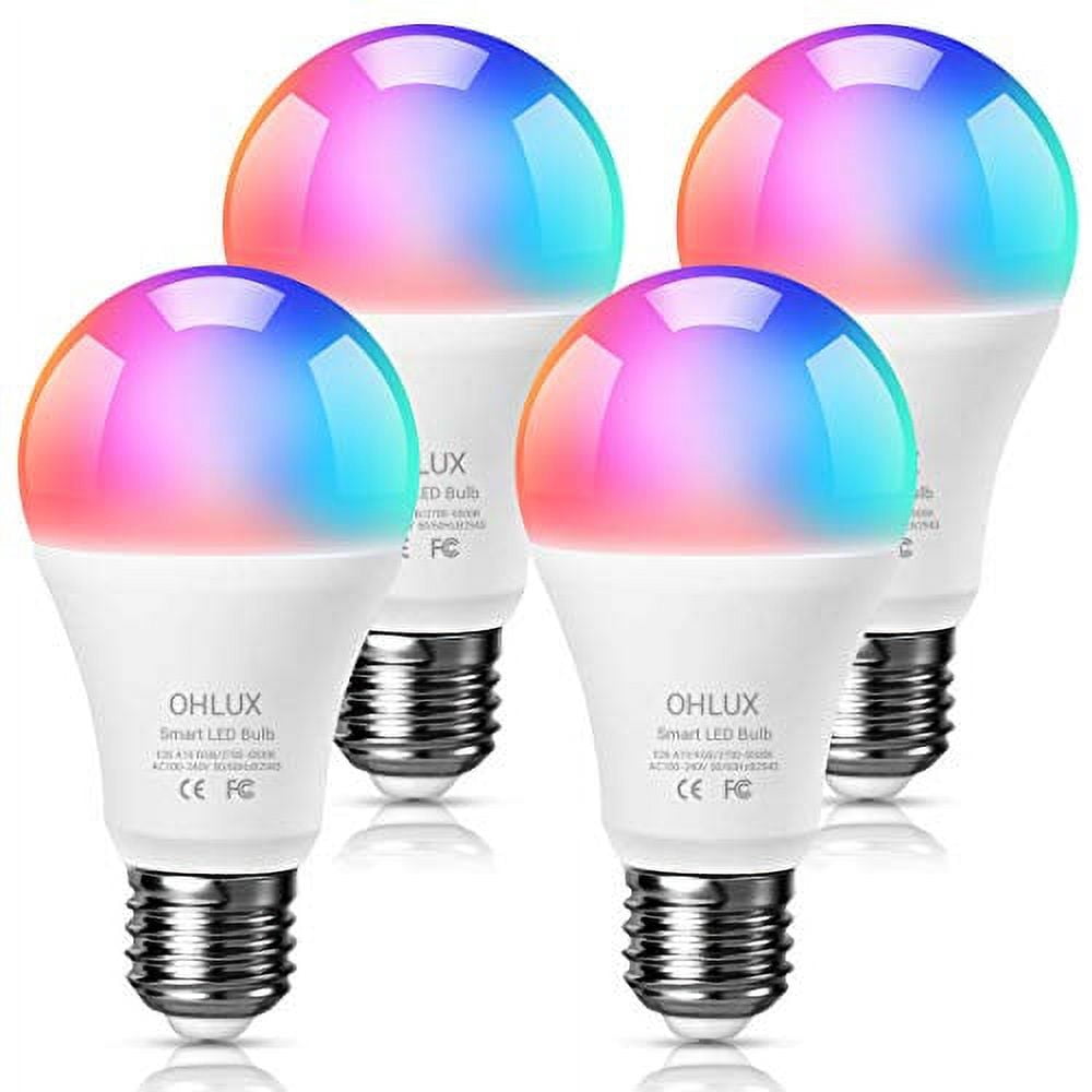 OHLUX Smart WiFi LED Light Bulbs (No Hub Required), RGBCW Multi-Color, Warm to Cool White Dimmable, 60W Equivalent, 7W E26 A19 Color Changing Bulb-4PACK