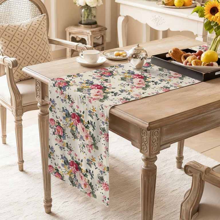dresser runners linen Liana Crewel Embroidered Table Runner, 18" x 108" - Beige/Neutral