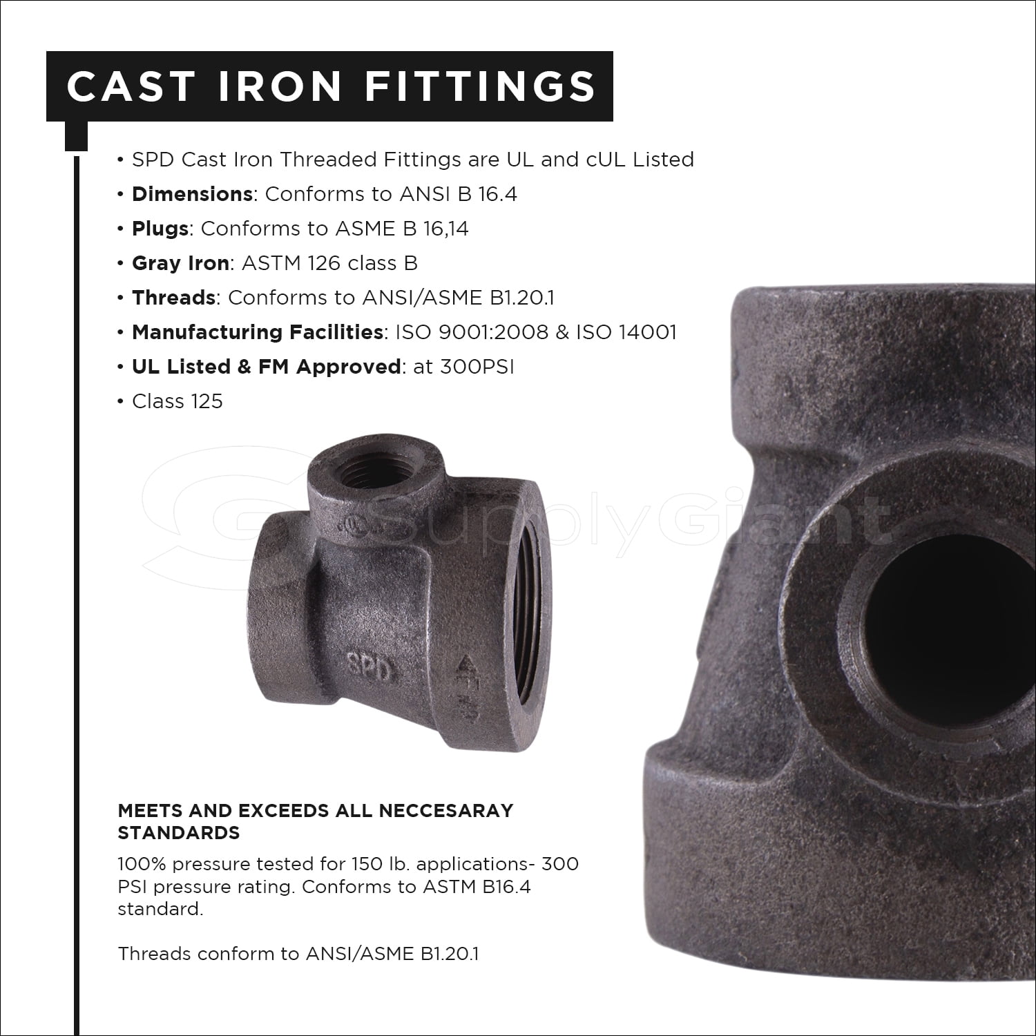 Supply Giant 1-1/2" x 1-1/4" x 1" BLack Pipe Fitting Reducing Tee Cast Iron