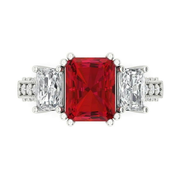 4.27 ct Emerald Cut Simulated Ruby 3 Stone 18K White Gold Womens Engagement Ring