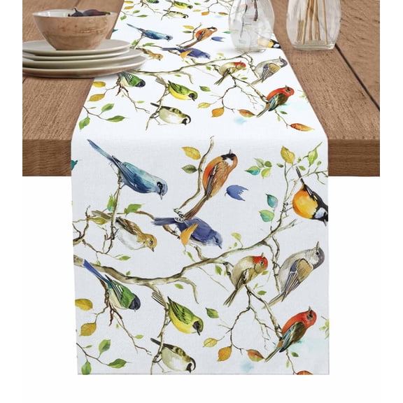 Bird Leaf Burlap Cotton Table Runner 13x108 Inches Long, Spring Summer Tree Branch Farmhouse Retro Farmhouse Table Runners, Outdoor Dining Tablecloths Decor for Baby Shower/Party/Wedding