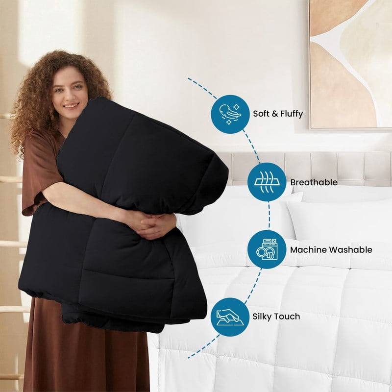 100% Cotton All-Season Comforter - Box Stitched Comforter - Bedding with Corner Tabs Machine Washable Lightweight Color Black Solid Pattern Size Twin (66"x90")