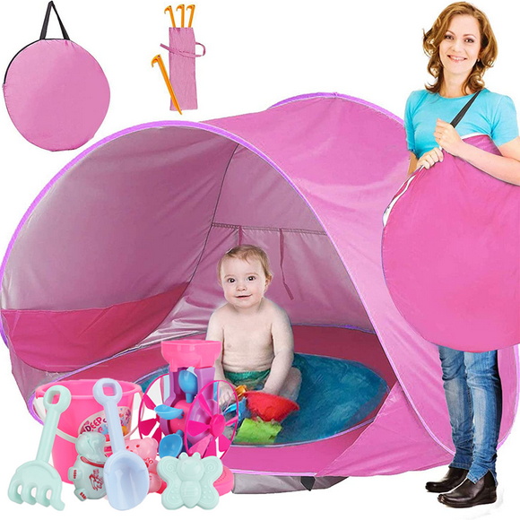Kids Tent Portable Infant UV Protection Baby Beach Tent Waterproof Shade Pool Sun Shelter Sun Shade for Baby Pop Up Baby Beach Tent with Pool Baby Tent for Outdoor Indoor(Free Set To