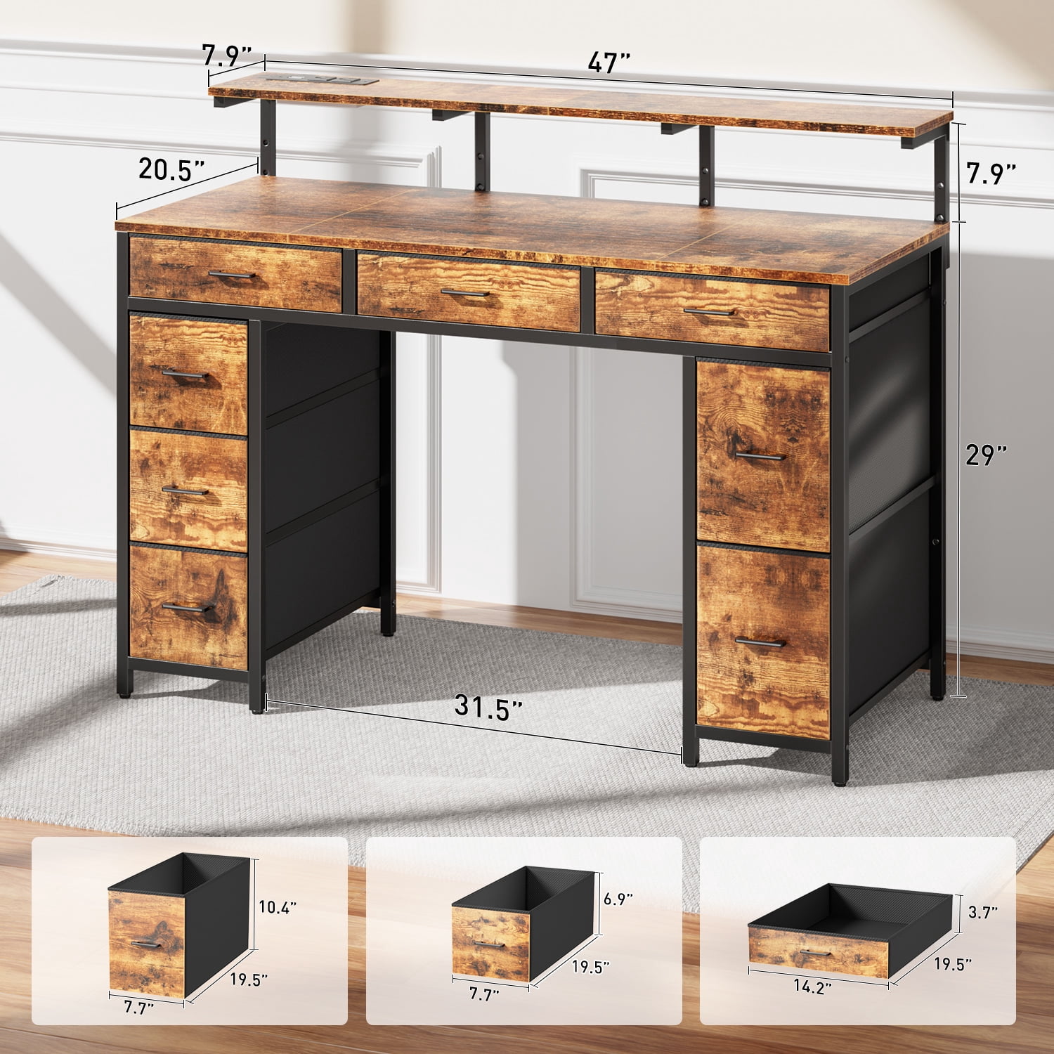 HLDIRECT 47 inch Computer Desk with 8 Drawers, Gaming Desk with LED Lights & USB Power Outlets, Home Office Table with Monitor Stand, Rustic Brown
