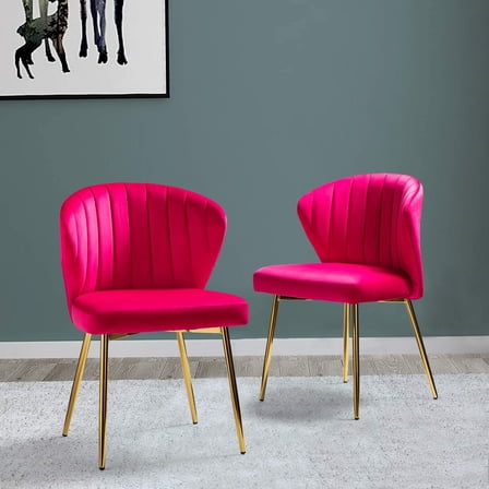 Velvet Dining Chairs Set of 2, Modern Upholstered Side Chair with Golden Legs, Small Cute Armless Accent Chair for Living Room, Kitchen, Bedroom, Beauty Room/Fuchsia
