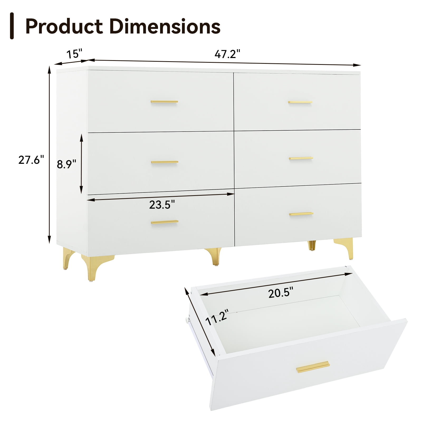 HOQBN 6 Drawer Dresser for Bedroom,Chest of Drawers withGold Handles & Metal Legs,Modern Chest of Drawers, Wooden Dresser TV Stand for Living Room, Hallway, Entryway, White