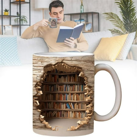 

Christmas Clearance Glass&Bottle 3D Bookshelf Mug 3D Effect Books Mugs Cool Birthday Christmas Gifts For Him Her White Ceramic Mug 11oz by Wuxinga