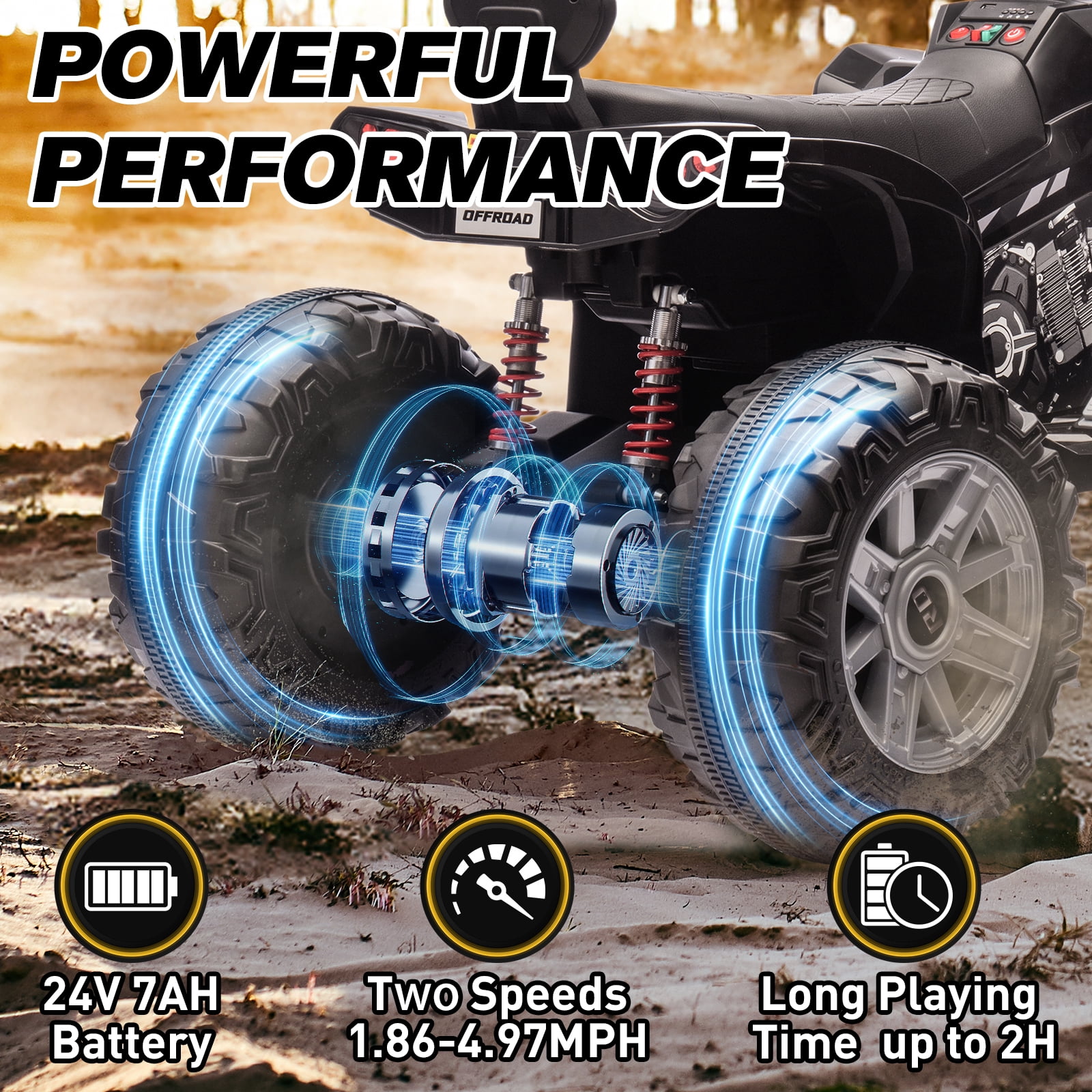 MUKIDY 24V Kids ATV 4-Wheeler, 24 Volt Ride on Toy for 3-8 Kid w/ 2x200W Motor, 5Mph Max Speed - Black