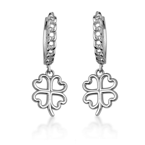 .925 Sterling Silver 4 Leaf Clover Lucky Cuban Link Huggie Earrings