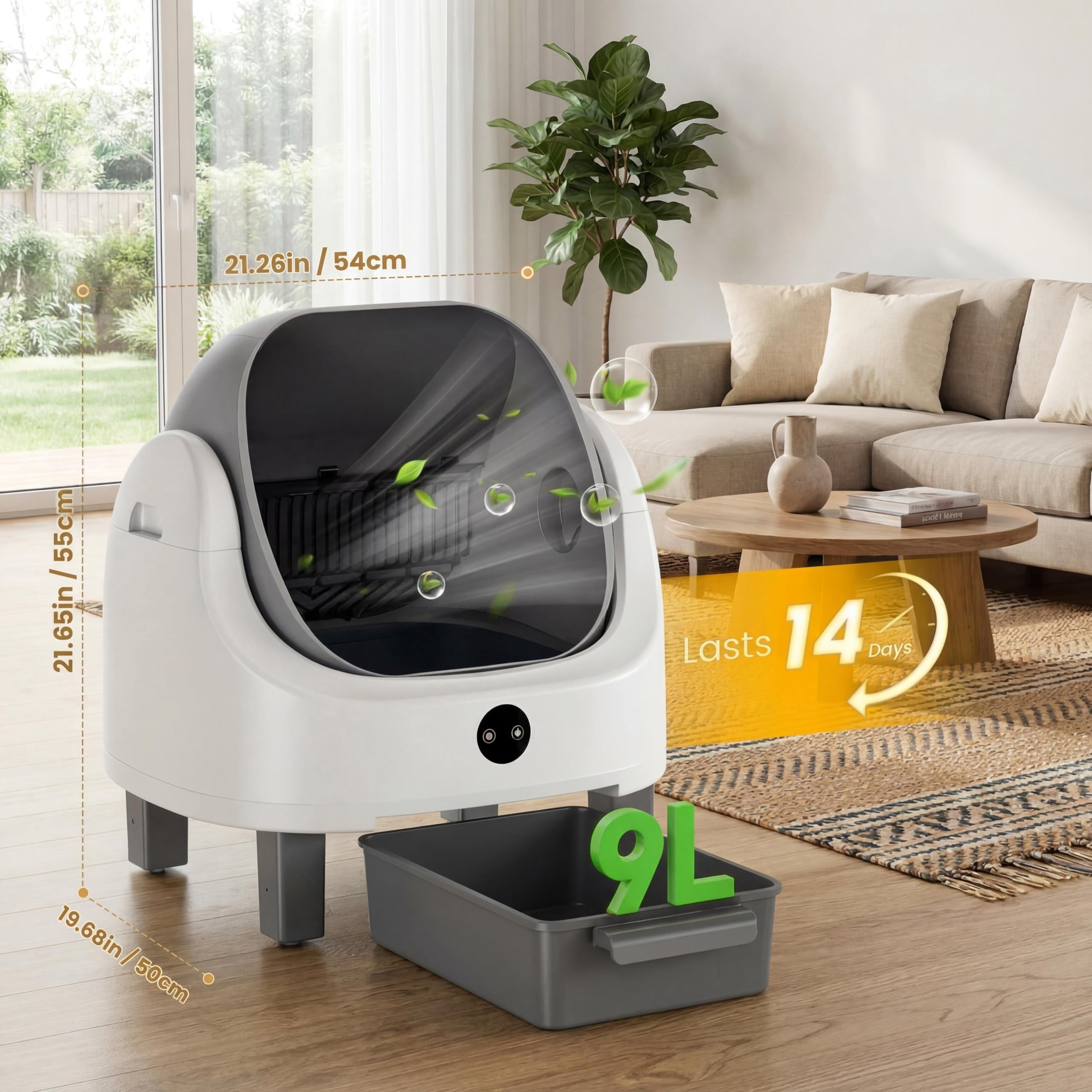 9L Self Cleaning Litter Box, Automatic Litter Box for Multiple Cats with Open-Top Design, APP Control, Real-Time Monitoring, Odor Control, 96L Drum, Waste Bin, Infrared Safety Sensors