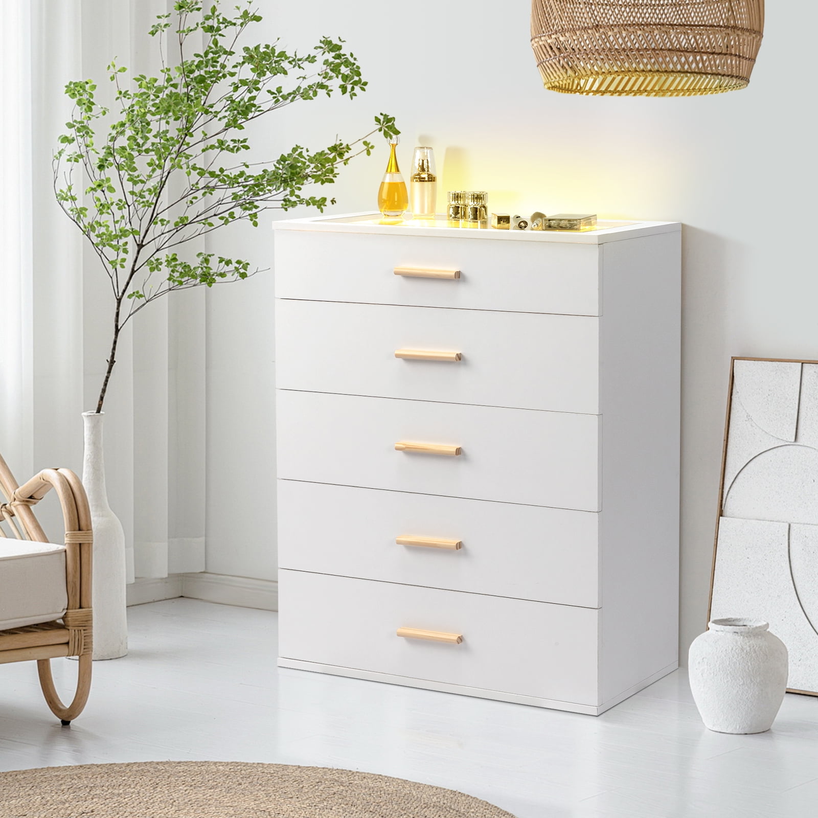 Bedside Table Dresser Nightstand Particleboard Wood Three Drawers With LED Light, White