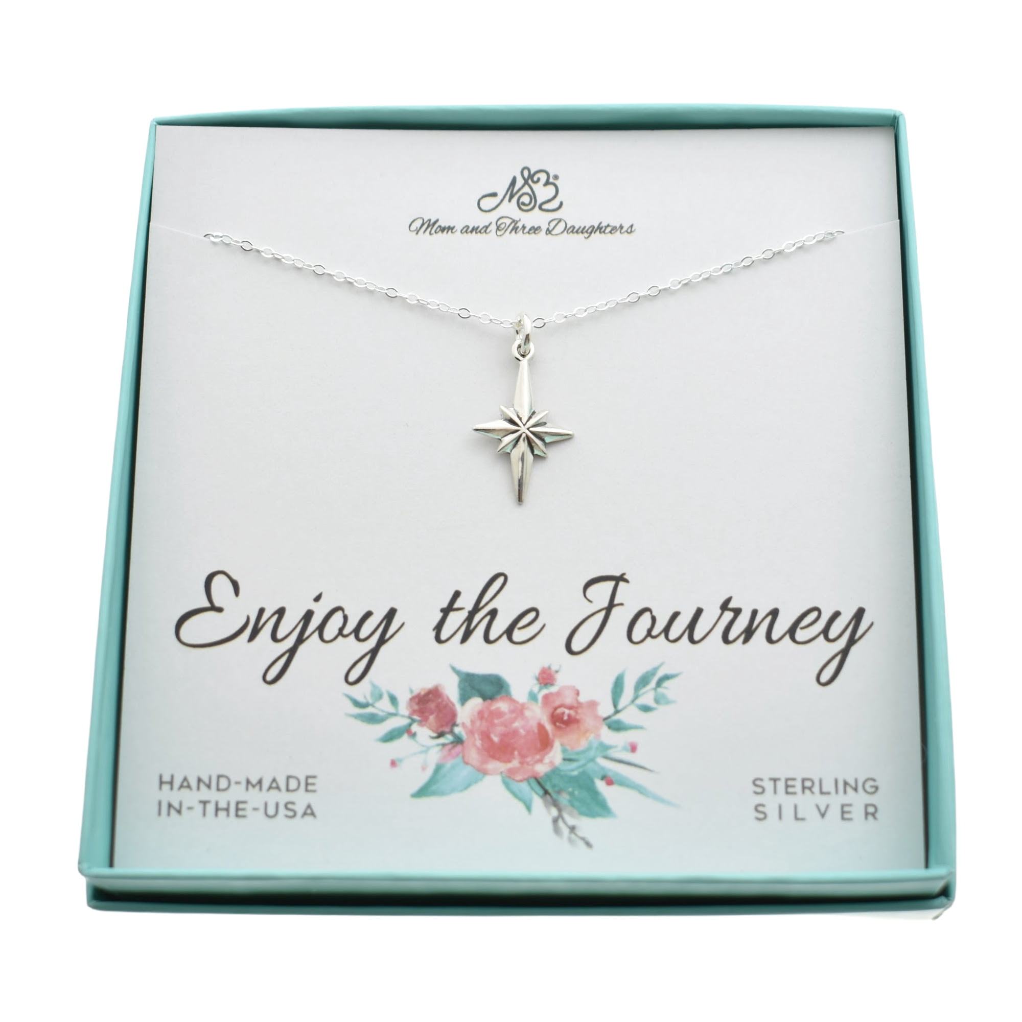 North Star Compass Necklace in Sterling silver on an 18 inch Sterling Silver Cable Chain. Enjoy The Journey Necklace. Graduation Gift. Retirement Gift For Woman. World Travel.