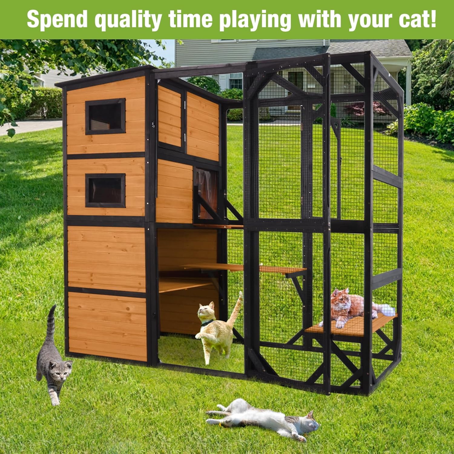 MEDEHOO Large Catio Outdoor Cat Enclosure, 77 Inch Weatherproof Cat House with Connectable Window Box, 4-Tier Wooden Cat Cage with Multi-Level Platforms & Resting Areas (Brown)