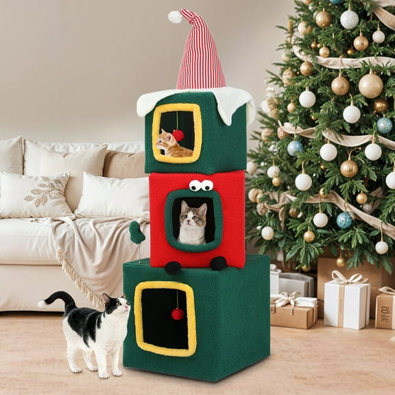 Uforic 60" H Large Christmas Cat Tree, Multi-Level Cat Tree,3 Story Playhouse with Hanging Ball,Green