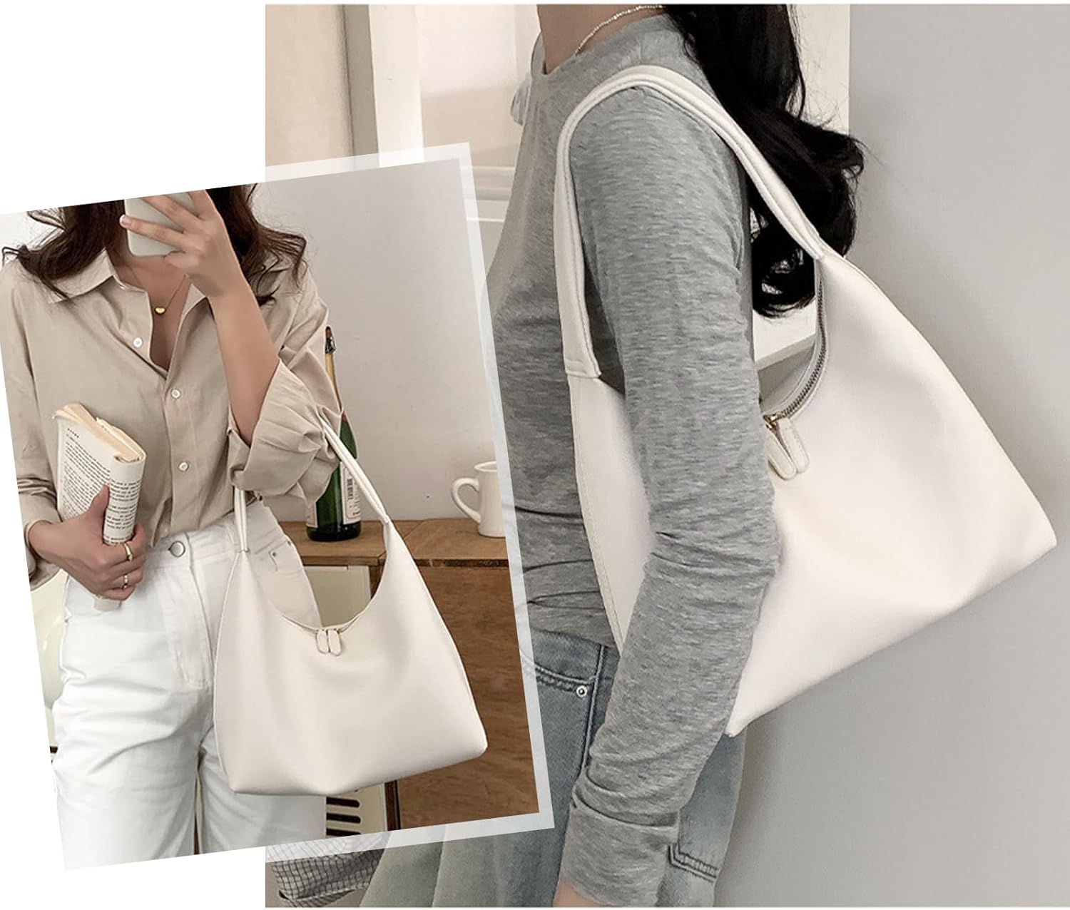 Kwuty Leather Hobo Bag Small Shoulder Purses for Women Slouchy Tote Handbag Vegan Leather Crescent Bag