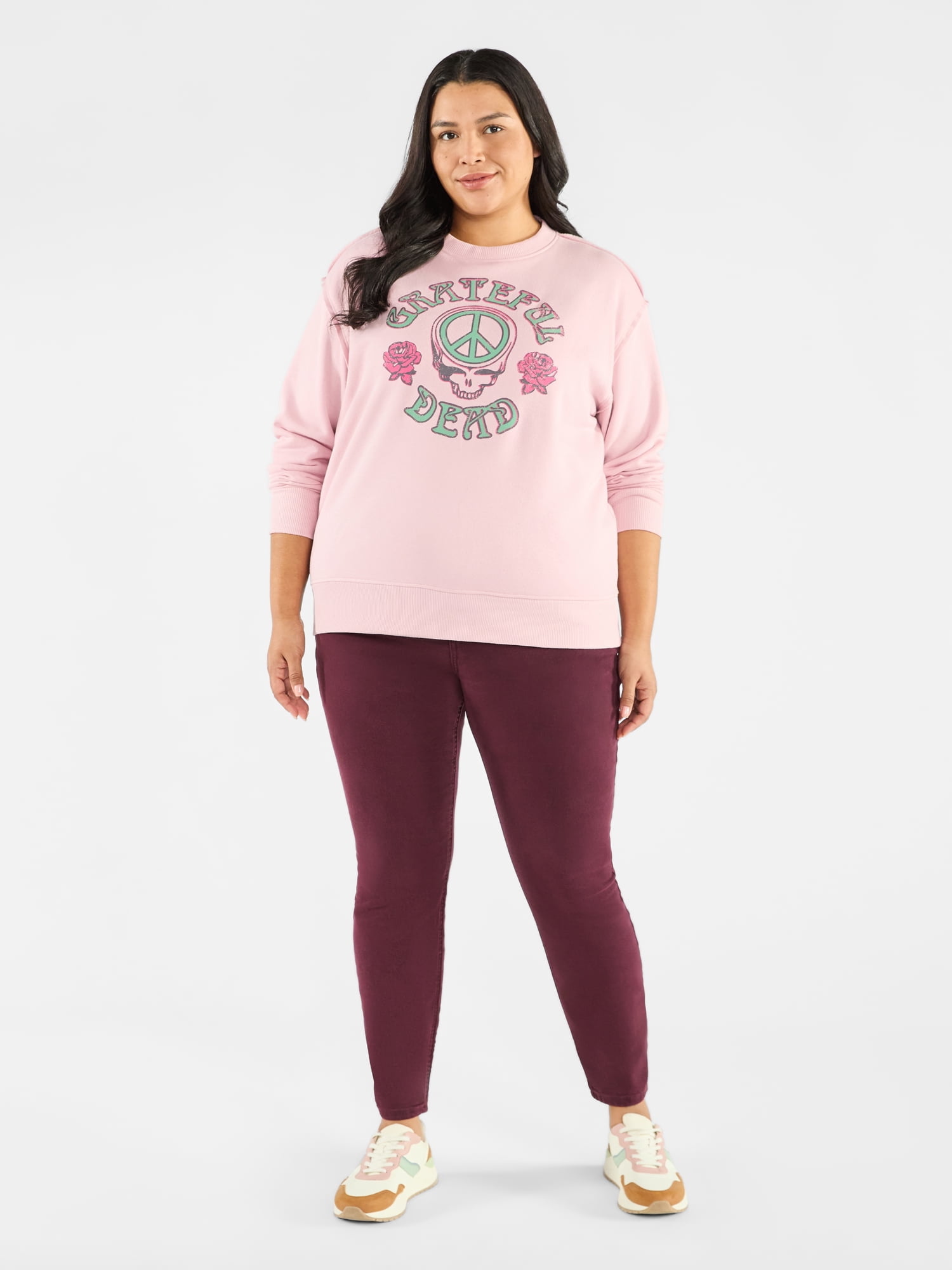 Terra & Sky Women's Plus Size Grateful Dead Peace Roses Graphic Sweatshirt with Long Sleeves, Sizes 0X-4X