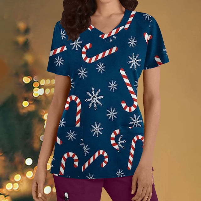 EGNMCR Hauts de Sarrau d'Infirmière pour Femmes, Uniforme de Travail Imprimé de Noël, Manches Courtes, Col en V, Blouse T-shirt de Tenue de Travail avec Poches, Costumes de Noël