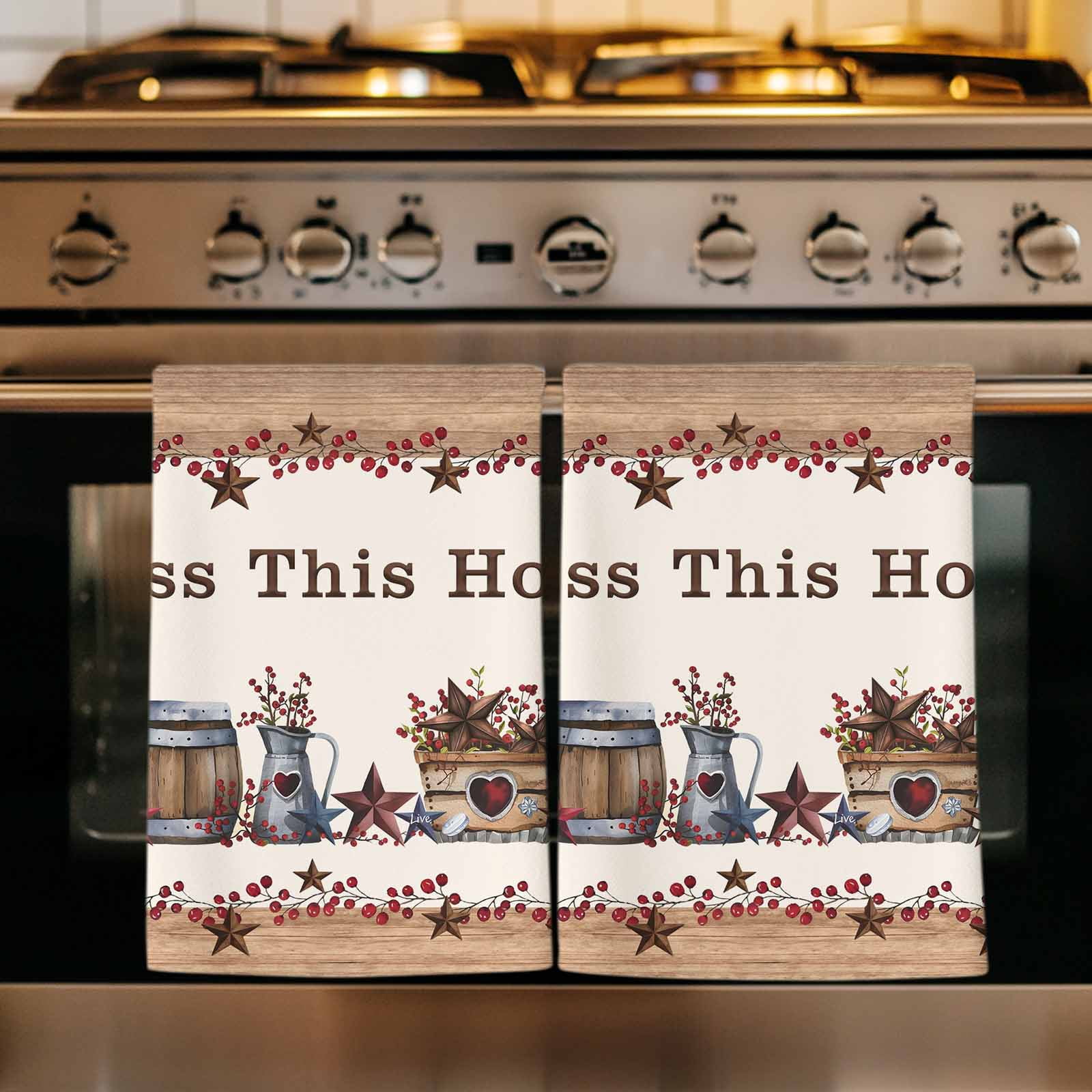 Dish Towels, Western Texas Star Wood Absorbent Kitchen Towels 2 PCS, Red Berry Farmhouse Barn Microfiber Hand Towels Dish Cloths Tea Towels for Home&nbsp;Bathroom Cleaning Drying,18X28-Inch,