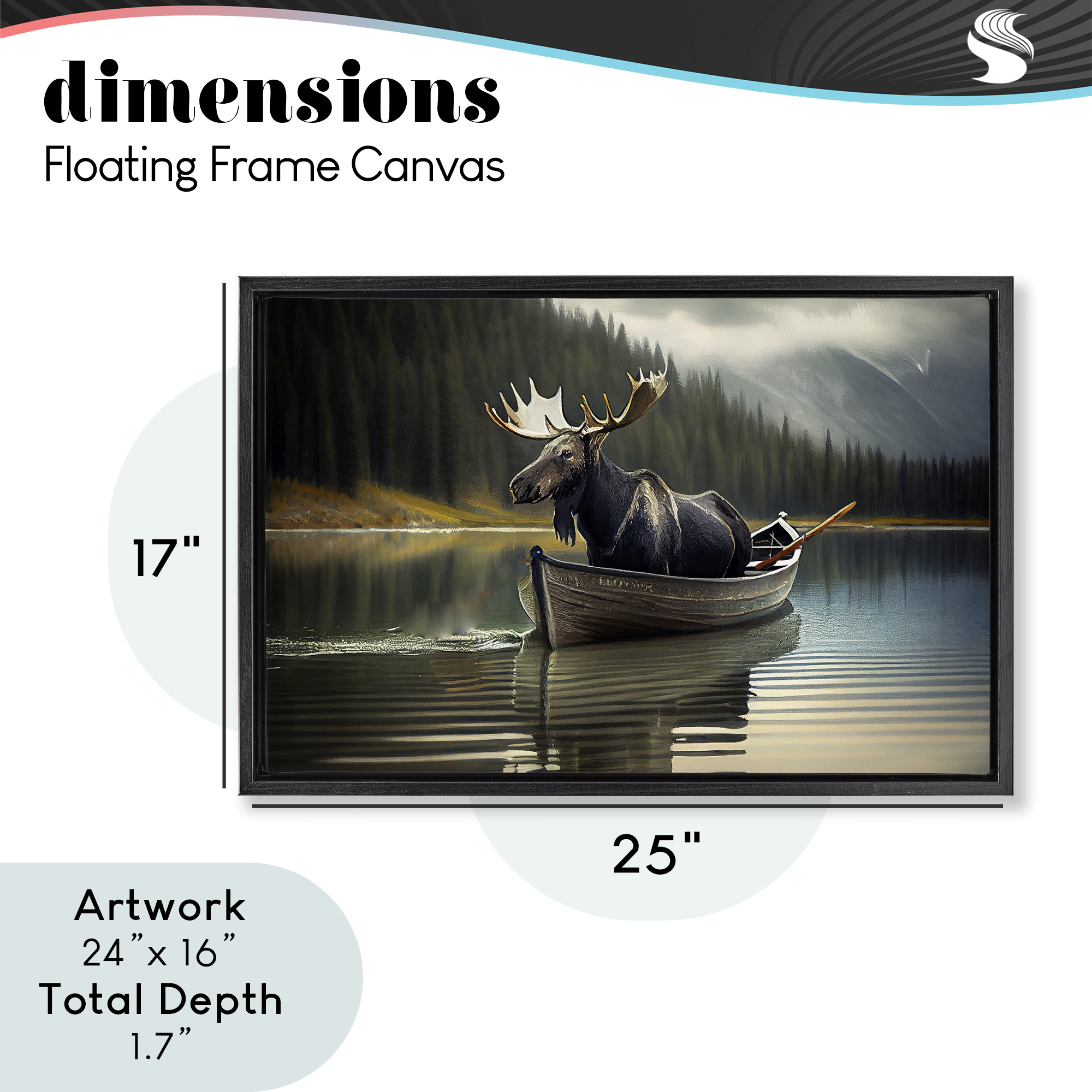 Moose in Canoe Tranquility Black Framed Floater Canvas Wall Art, design by Sasha