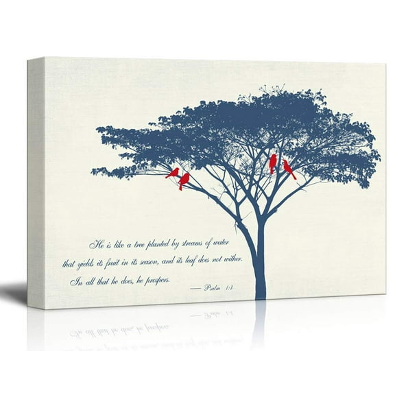 Wall26 Canvas Wall Art - Abstract Tree and Birds on its Branches with Bible Quotes from Psalm 1:3 - Giclee Print Gallery Wrap Modern Home Decor Ready to Hang - 24x36 inches