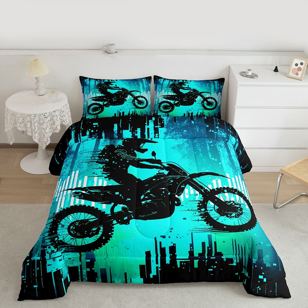 Feelyou Motorcycle Athlete Bedding Comforter Set for Boys, Dirt Bike Printed Twin Comforter Sets, Modern Extreme Sport Reversible Bedding Set, Lightweight Room Decor, 2-Piece