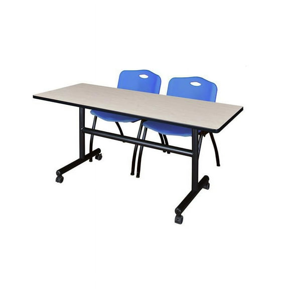 60" x 30" Flip Top Mobile Training Table- Maple and 2 "M" Stack Chairs- Blue