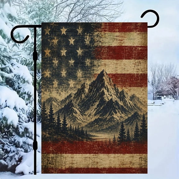 RKSupls Patriotic Linen Double Sided Garden Flag, Independence Day Themed Yard Decor, Mountain Range Brick Wall Flag Outdoor Banner for Holiday Lawn