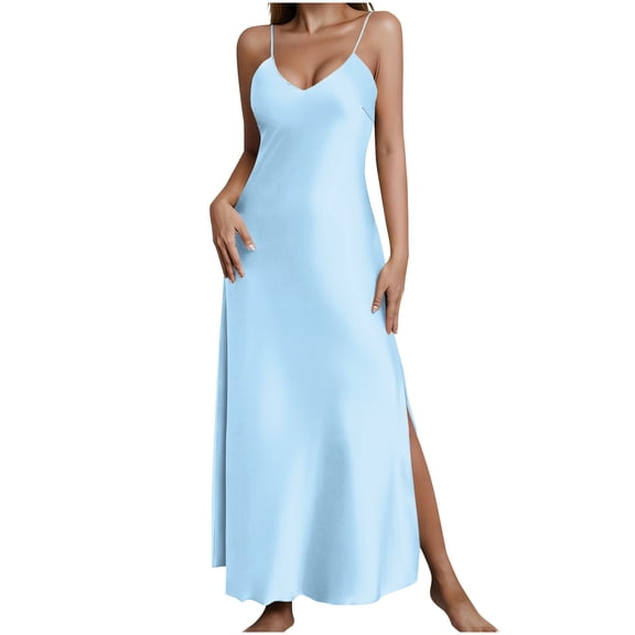 Idoravan Dresses for Women Satin Sleeveless Ladies' Solid Color Summer Casual V-Neck Slit Suspender Nightgown