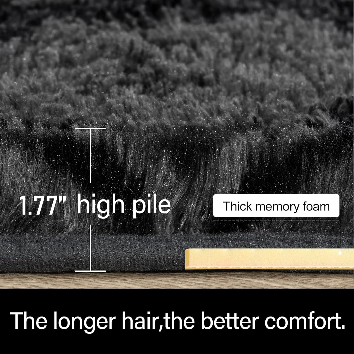 Junovo Shaggy Soft Rugs Bedroom Living Room Flully Carpet Home Decor Rug,8'x10',Dark Grey/Black