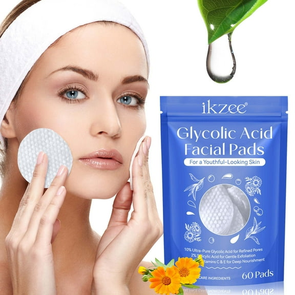 Ikzee Glycolic Acid Pads,Cleansing Pads for Face & Body with Vitamins B3, C & E,for Skin Cleansing(60 Pads)