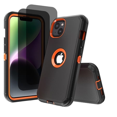 Hotpom for iPhone 15 Case with 2 Pack Privacy Screen Protector Shockproof/ Drop Proof Protection Women Men universal Phone Cover, Black/Orange