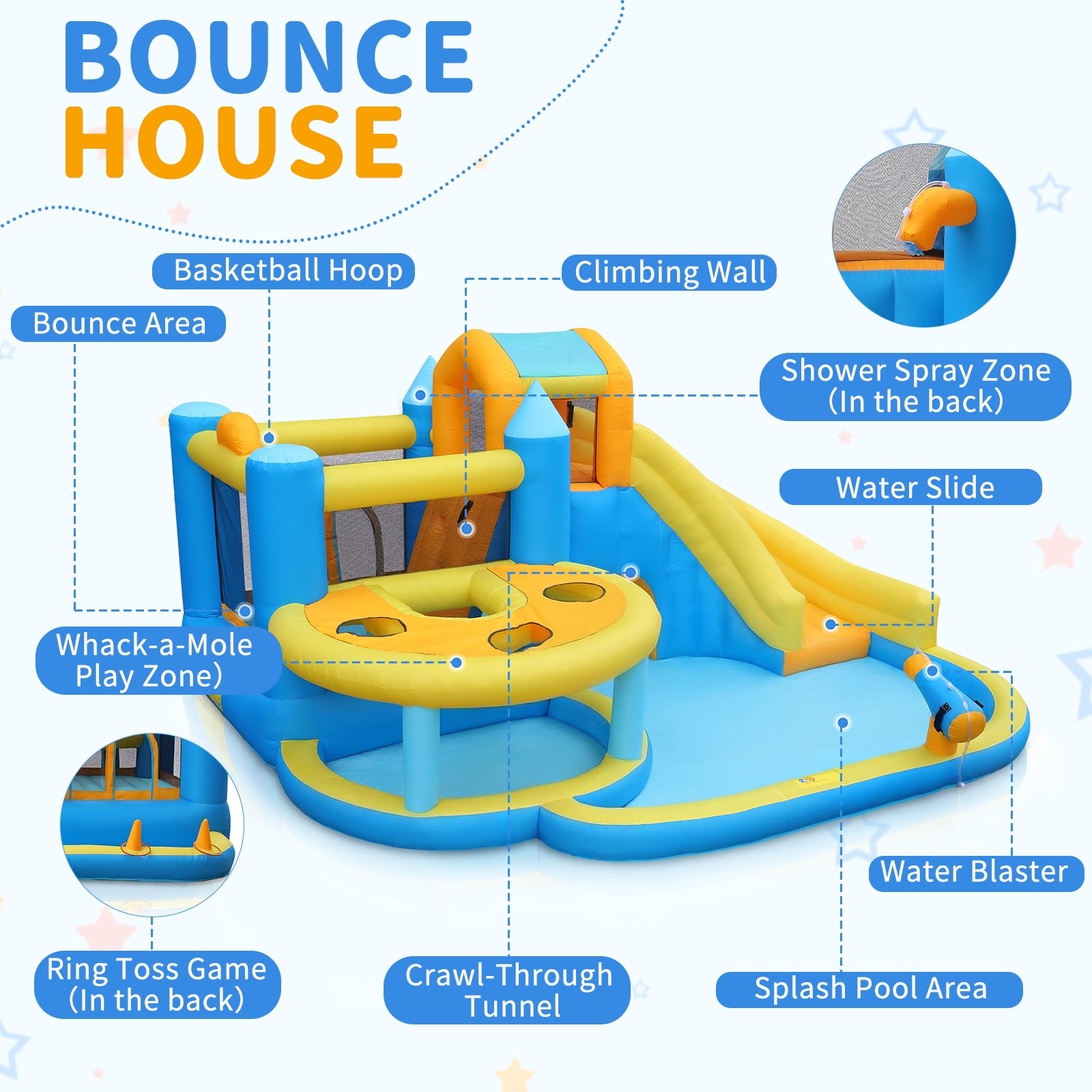 Ktaxon 10-in-1 Inflatable Water Slide Bounce House with Blower, 167" x 161" x 83", Whack-a-Mole Water Park w/ Splash Pool, Bounce Area & Crawl-Through Tunnel, Kids Backyard