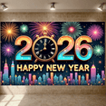 thumbnail image 6 of Colorful Fireworks Happy New Year Banner Golden Clock 2026 New Year Display City Glittering Numbers New Year Eve Backdrop for New Year Celebration 2026 Party Indoor Decoration, 6 of 9
