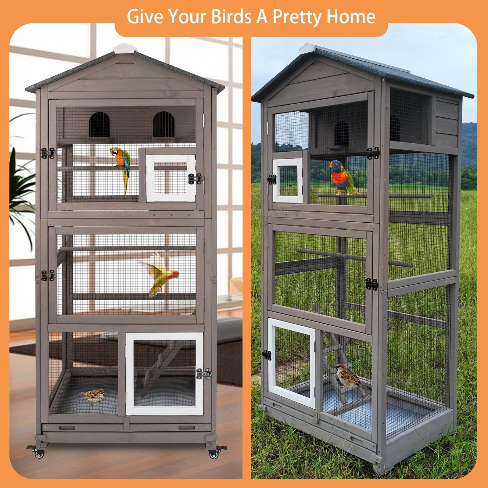PETSCOSSET Flight Bird Cage Outdoor Large Wooden Bird Aviary on Wheels, Brown