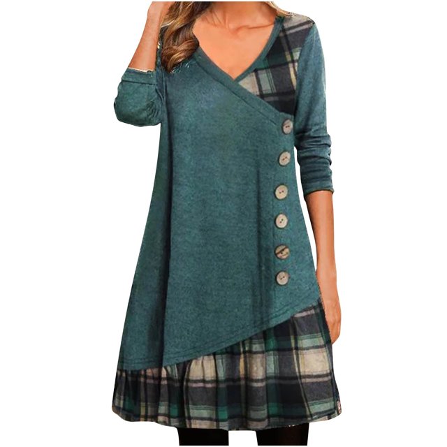 Pompotops Robe pour Femmes à Col en V, Colide, à Carreaux, Patchwork, à Manches Longues, avec Boutons, en Solde