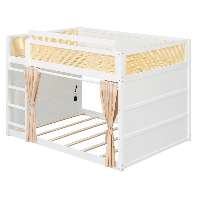 Full Size Bunk Bed with 3-Tier Storage Shelf, Rattan-Style Decor, Privacy Curtains and LED Light Strip, Modern Wood Full Over Full Bunk Bed Frame for Kids Teens