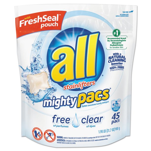 All Mighty Pacs Free and Clear Super Concentrated Laundry Detergent, 45