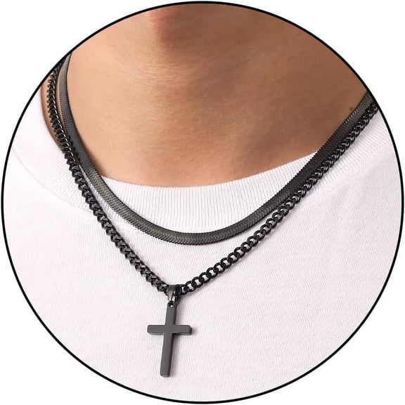 Cross Necklace for Men Stainless Steel Layered Cuban Herringbone Chain Cross Pendant Religious Fashion Jewelry Gifts 16-24 Inches-black-20inch/22inch