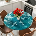 thumbnail image 2 of Teal Green Ocean Shark Round Tablecloth 55-60 Inch Round Fitted Table Cloth with Elastic Edge, Coastal Wave Summer Beach Waterproof Table Cover Protector for Outdoor Picnic Party Dining, 2 of 6