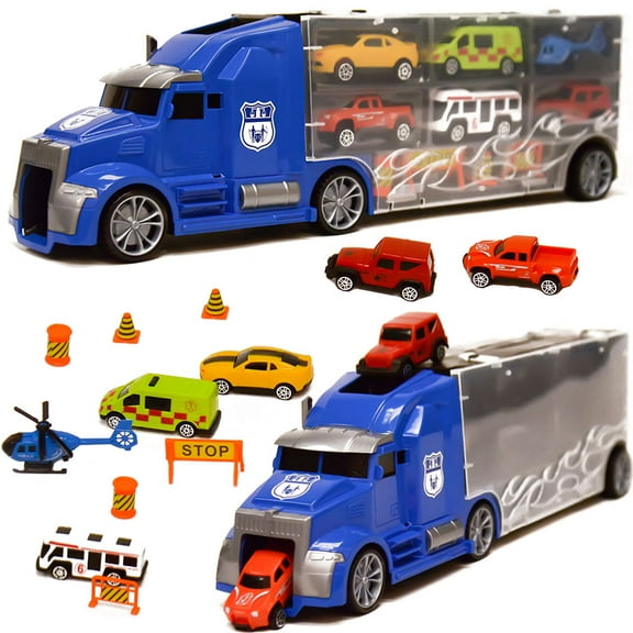 Blue Block Factory 11 in 1 Die Cast Carrier Truck with Mini Cars and Accessories