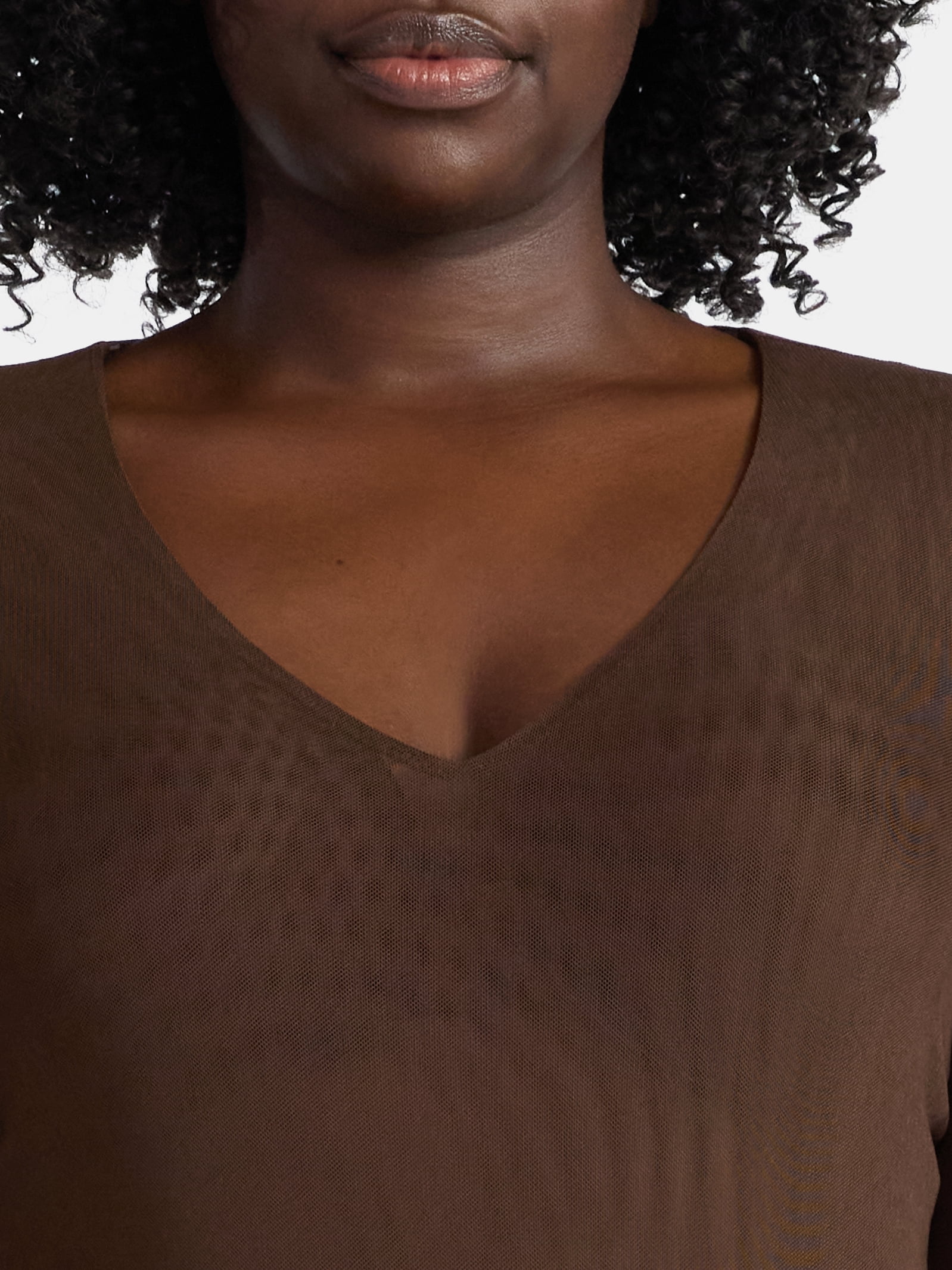 Terra & Sky Women's Plus V Neck Mesh Bodysuit with Long Sleeves, Sizes 0X-5X