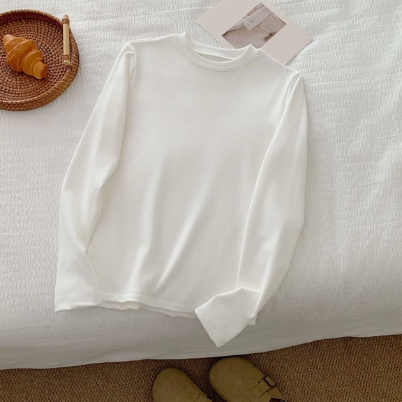 ClodeEU Women's Long Sleeve Round Neck Slim Fit T-Shirt ,Stretch Soft Casual Base Tee White,Womens Plus XXL