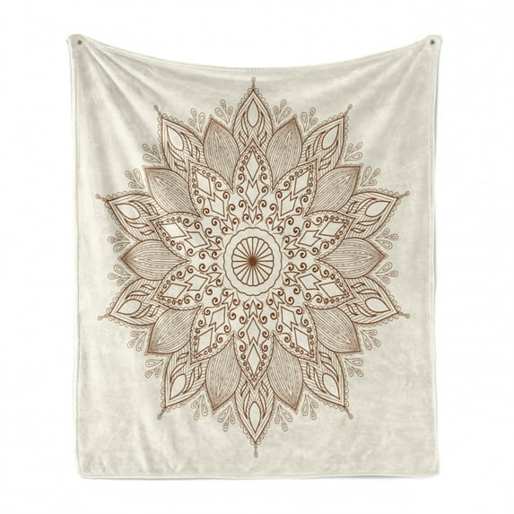 Mandala Soft Flannel Fleece Blanket, Lotus Inspired Flower Lace Circle Ornate Retro Pattern Eastern Universe Theme, Cozy Plush for Indoor and Outdoor Use, 70" x 90", Brown and Ivory, by Ambesonne