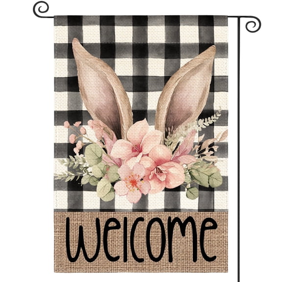 Sm:)e Welcome Buffalo Plaid Bunny Easter Garden Flag - 12x18 Inch Double-Sided, Polyester, Machine Washable & Reusable Outdoor Flag for Patio Decoration