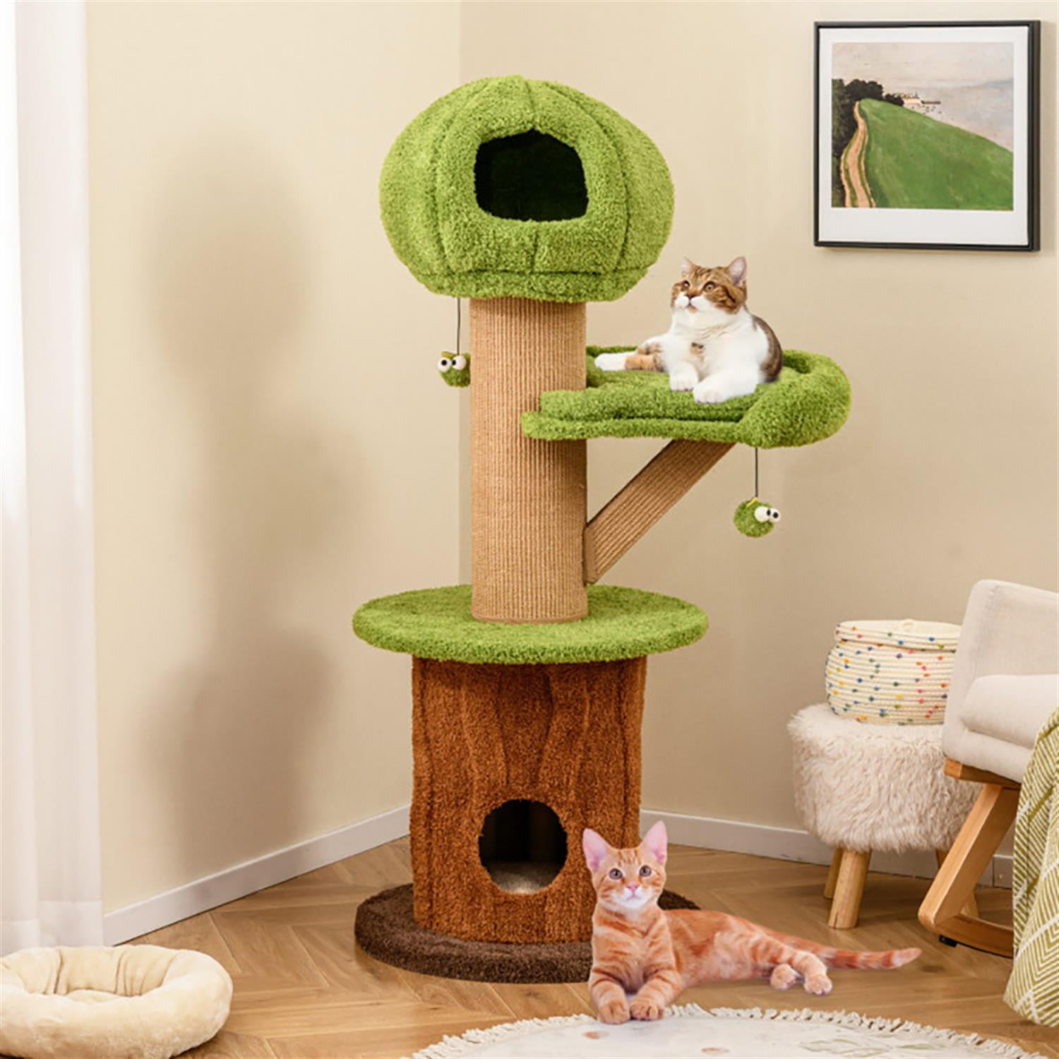 resenkos 58" Cat Tree Tower with 2 Cute Condos for Indoor Cats, Plush Cat House with Plush Perch and Teasing Balls, Brown