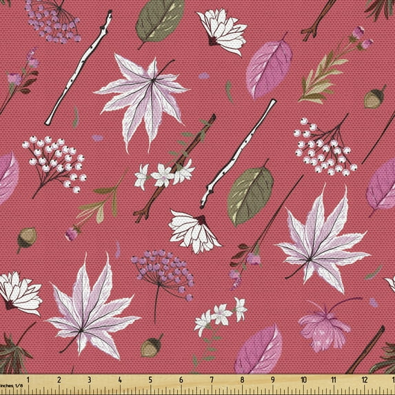 Floral Fabric by the Yard Upholstery, Diagonal Design Warm Tone Nuts Leaves Flowers and Branches Scattered, Decorative Fabric for DIY and Home Accents, Coral and Slate Brown by Ambesonne