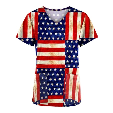 

4th of july Women s V Neck Nursing Working Uniform Summer Short Sleeve Tunic Tops Casual Losoe Fit Scrub Tops With Pockets