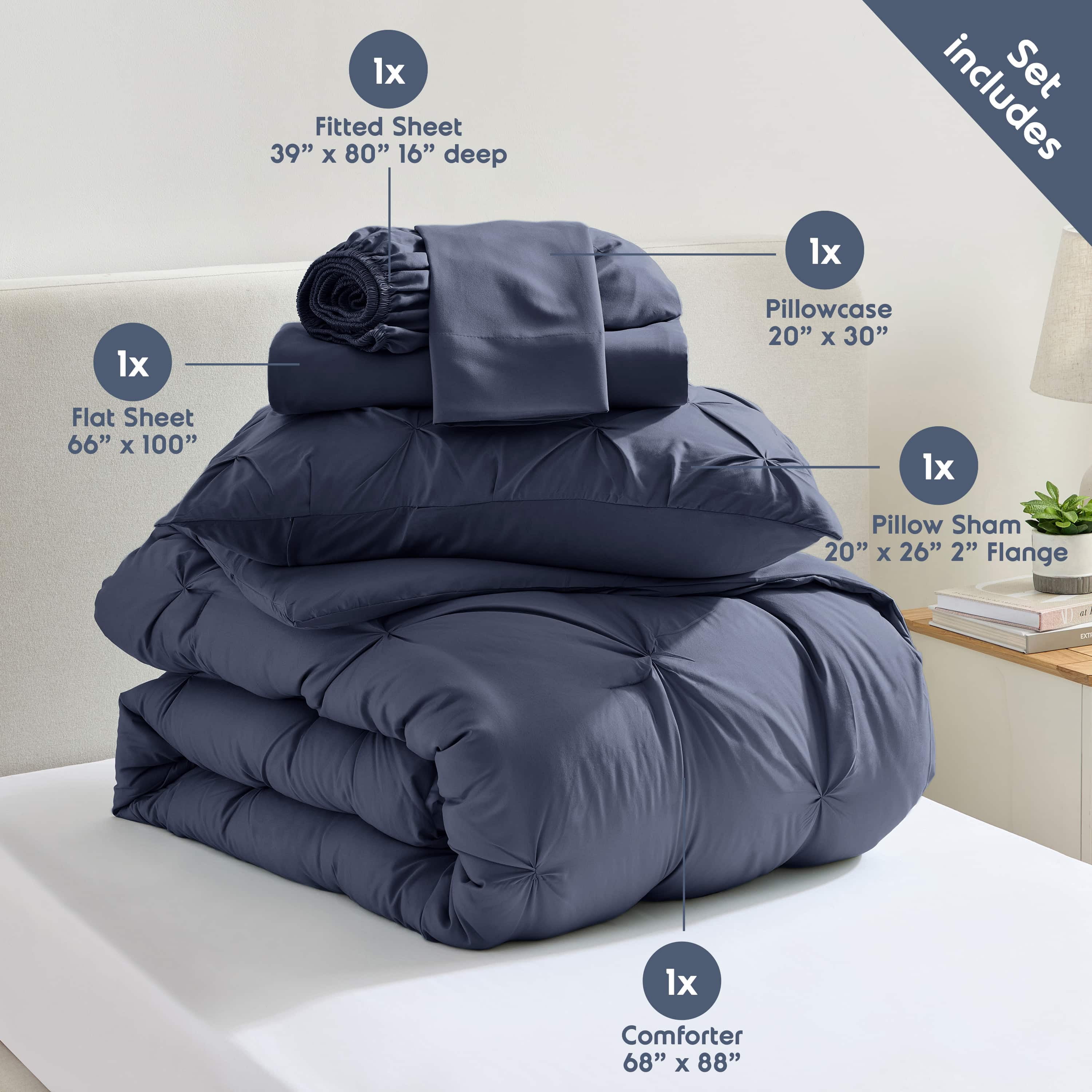 LammaLoe Twin XL Comforter Sets, 5 Piece Bed In A Bag Pintuck Bedding Sets, Navy