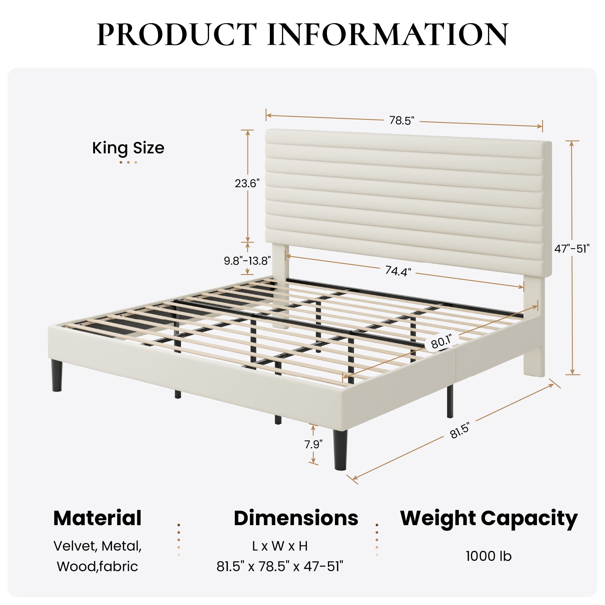 Sha Cerlin King Size Platform Bed Frame with Velvet Adjustable Headboard, No Box Spring Needed, Cream White